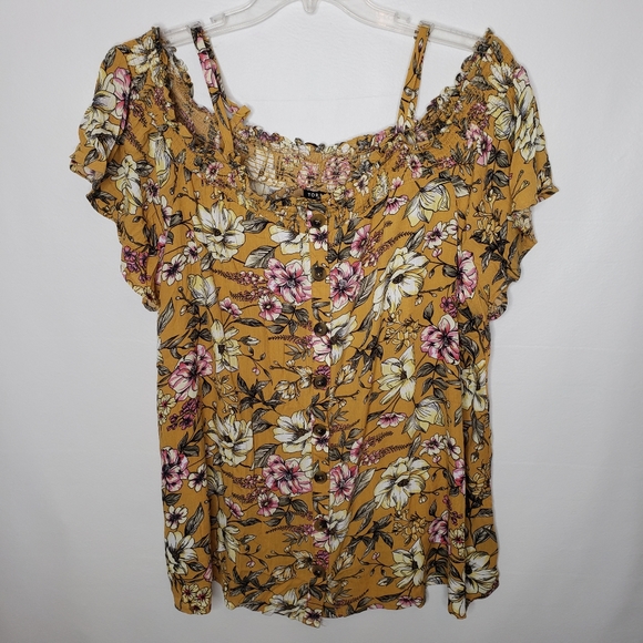 Torrid Cold Shoulder Top Floral Yellow Gauze Woven Smocked Plus 3X 22/24 NWT - Picture 5 of 14